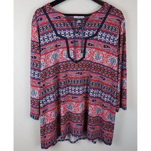 Dress Barn 3/4 Sleeve Top Keyhole Tie Neck Pink Blue Paisley XL EUC